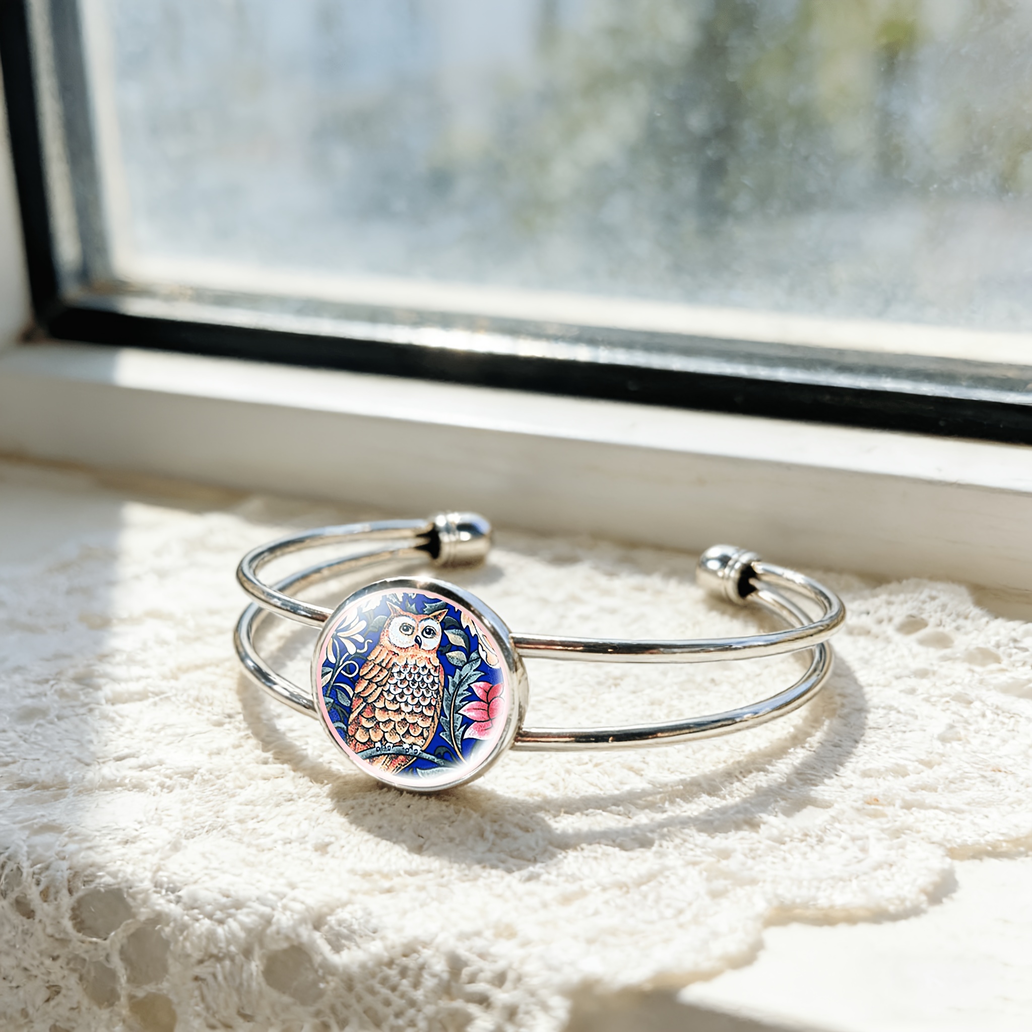 Women's Adjustable Open Bangle with Owl Design